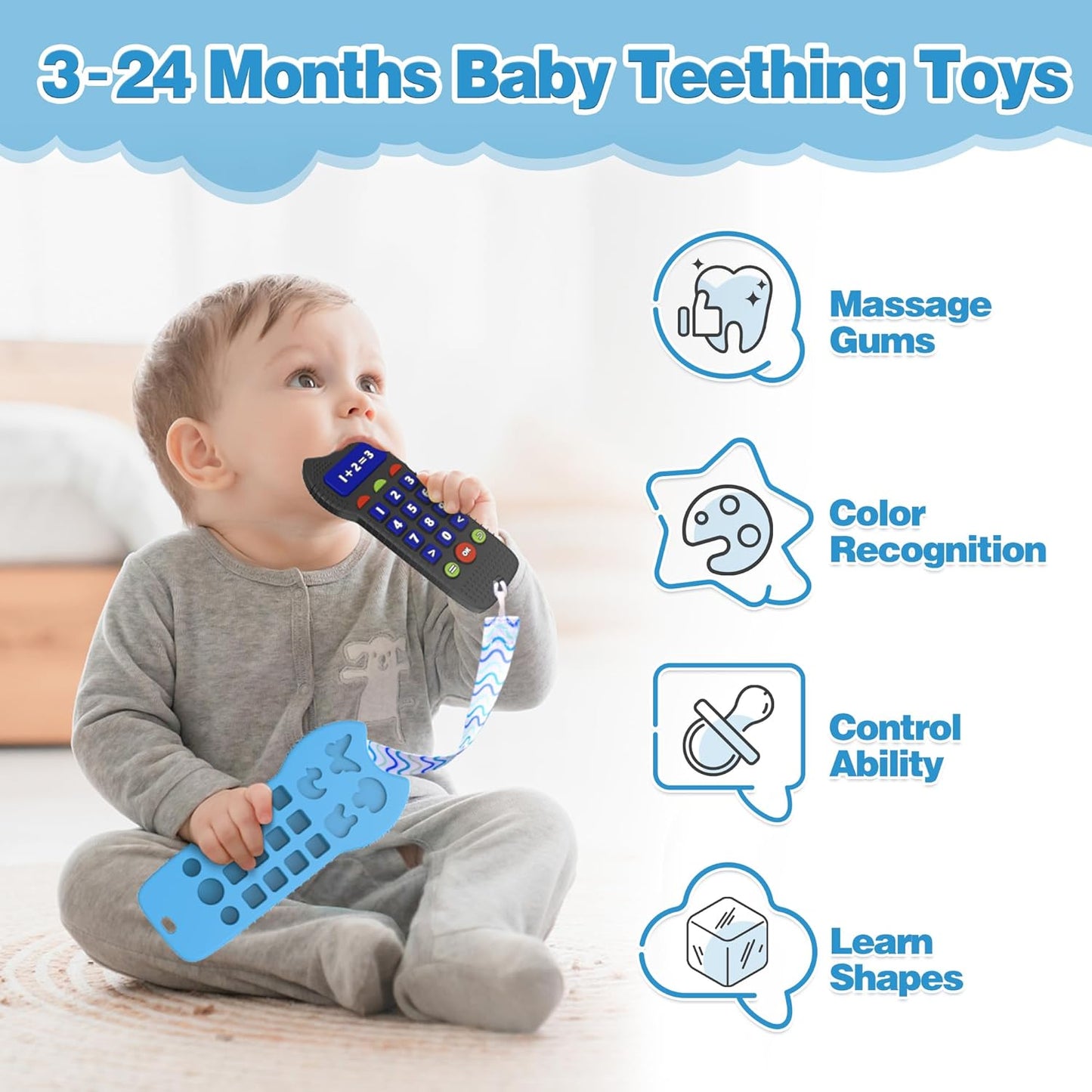 Safeswee 2 Pack Silicone Baby Teether Toys, Montessori Teething Toys for Babies 6-12 Months, Calculator Shape Remote Teether Baby Chew Toys Set, Baby Sensory Teething Teether Toys for Boys and Girls