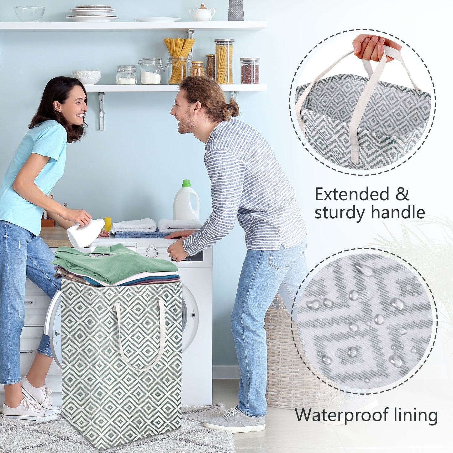 Letensh Laundry Hamper 2 Pack, 75L Foldable Laundry Baskets with Long Handles, Waterproof Dirty Clothes Hamper Organizer Freestanding Tall Laundry Bin for Laundry Room, Bedroom, Dorm, Clothes, Towels