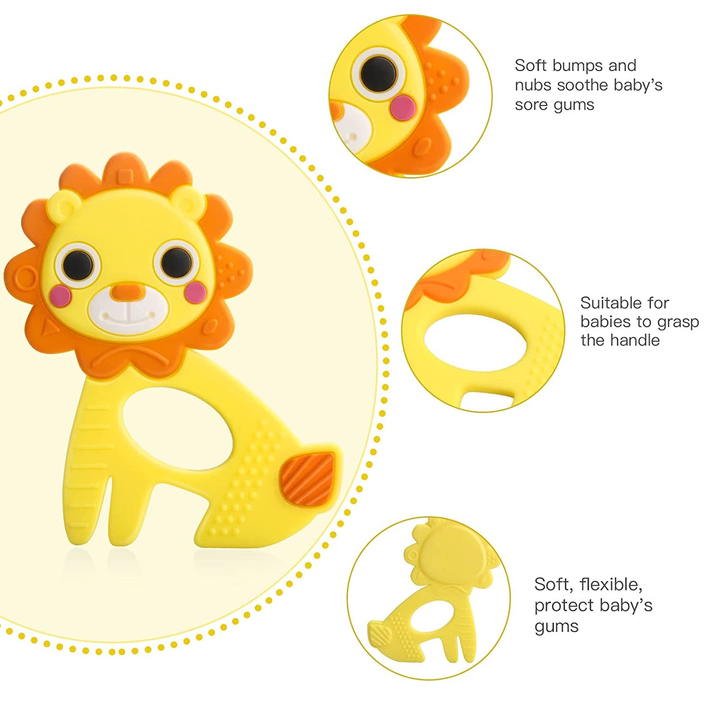 Safeswee Baby Teething Toys 2 Pieces Silicone Baby Teether Freezer Safe Baby Chew Lion and Dinosaur Teether Toys for Babies 0-6 Months 6-12 Months, Baby Toys Gifts for Boys and Girls