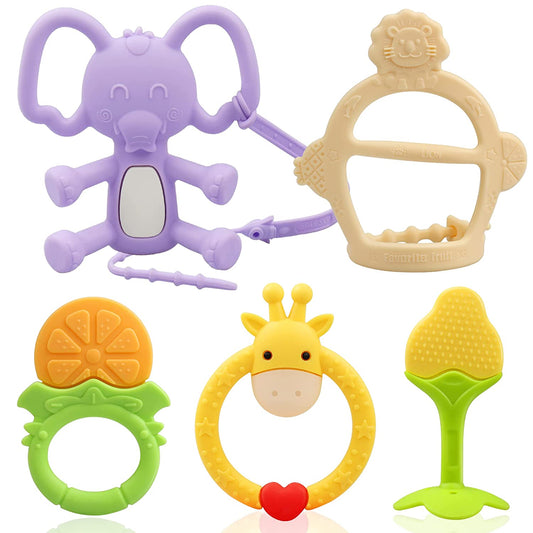 Safeswee Baby Teething Toys (6 Pack) Silicone Baby Teether BPA-Free with Anti-Drop Chains Elephant, Giraffe Ring and Fruit Teether Toy Freezer Safe for Baby Set for Infant Toddler Boys and Girls