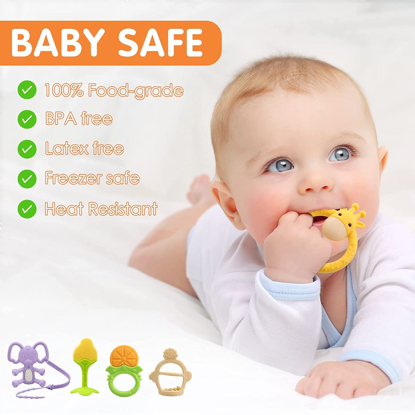 Safeswee Baby Teething Toys (6 Pack) Silicone Baby Teether BPA-Free with Anti-Drop Chains Elephant, Giraffe Ring and Fruit Teether Toy Freezer Safe for Baby Set for Infant Toddler Boys and Girls