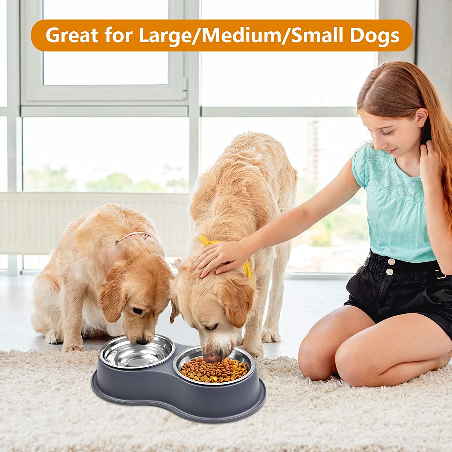 UPSKY Double Dog Cat Bowls Double Premium Stainless Steel Pet Bowls with  Cute Modeling Pet Food Water Feeder Blue